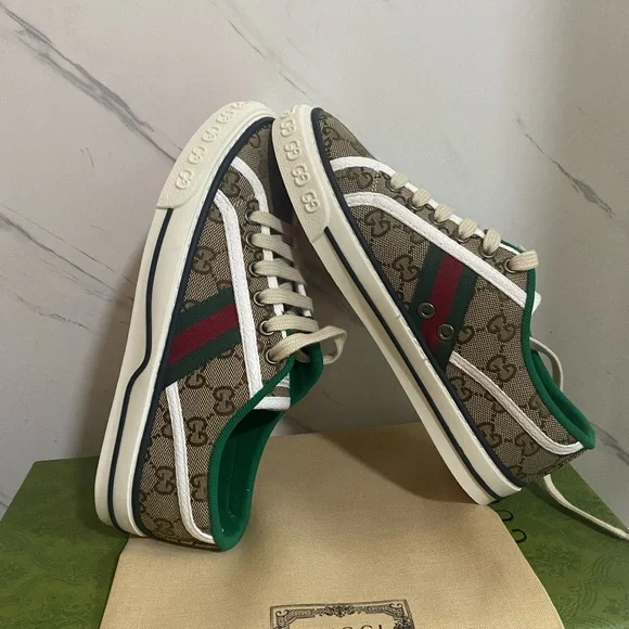 Gucci Women's Tan and Green Logo Sneakers - Picture 2 of 4